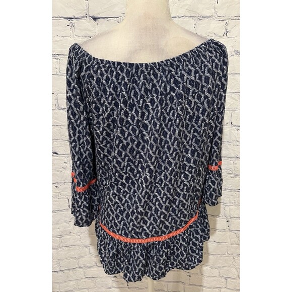 Democracy Blue & White Print Peasant Top with Orange Trim, Size Large - Picture 3 of 6